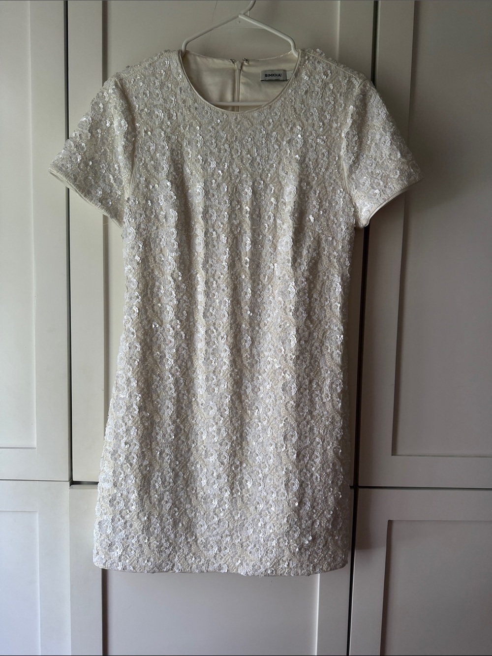 SIMKHAI Ivory Sequin Short Sleeve Mini Dress